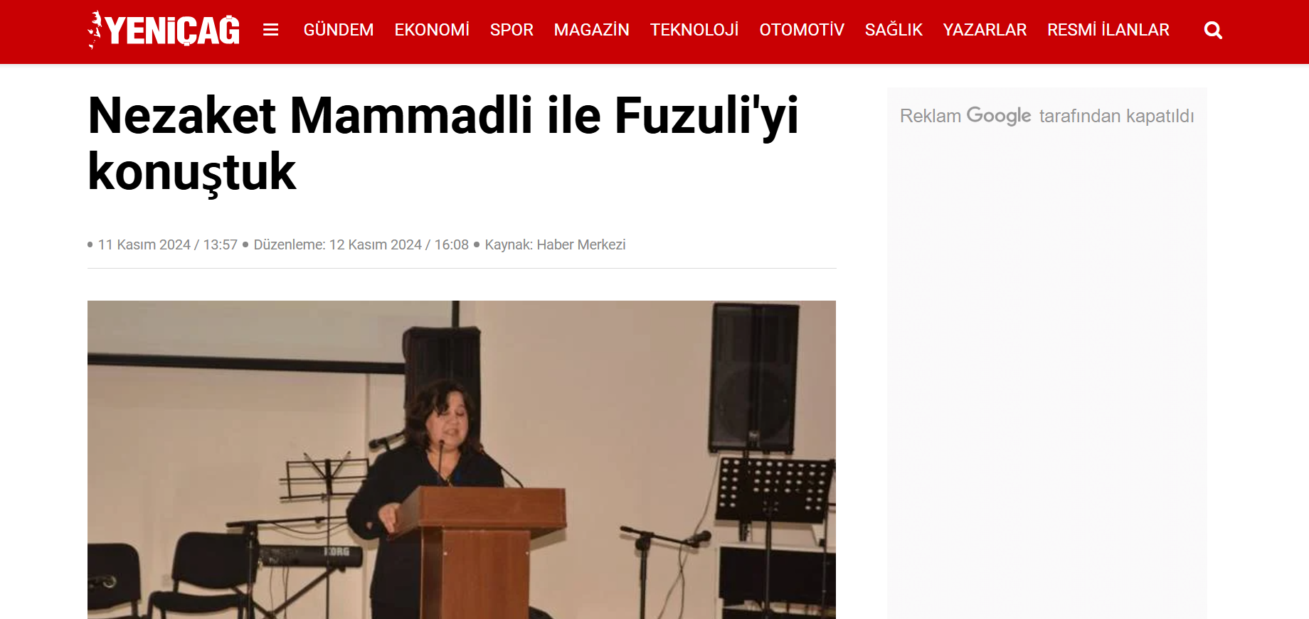 Mövlana İnstitutunun müdiri Nəzakət Məmmədli Türkiyənin “Yeni çağ” qəzetinə müsahibə verdi